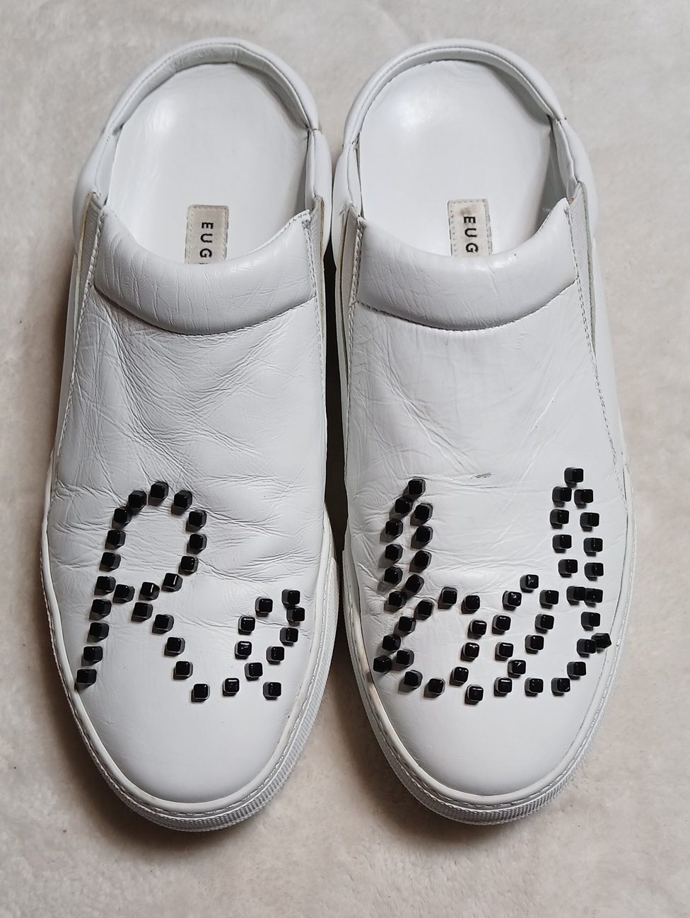 Eugenia Kim White Leather Slip-On Mules With Black Stud Script Size 9